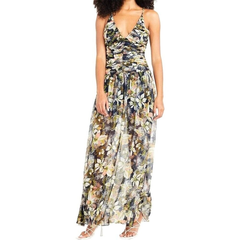 Tanya Taylor Dress Women 00 Black Floral Print Linen Silk Ruched Lovette Maxi